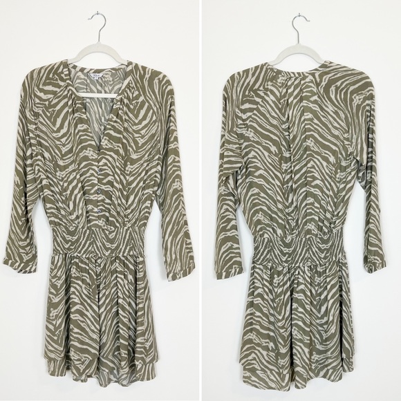 Rails Safari Wild Cat Jasmine Dress Smocked Long Sleeve V-Neck Mini Green Small - Picture 5 of 8